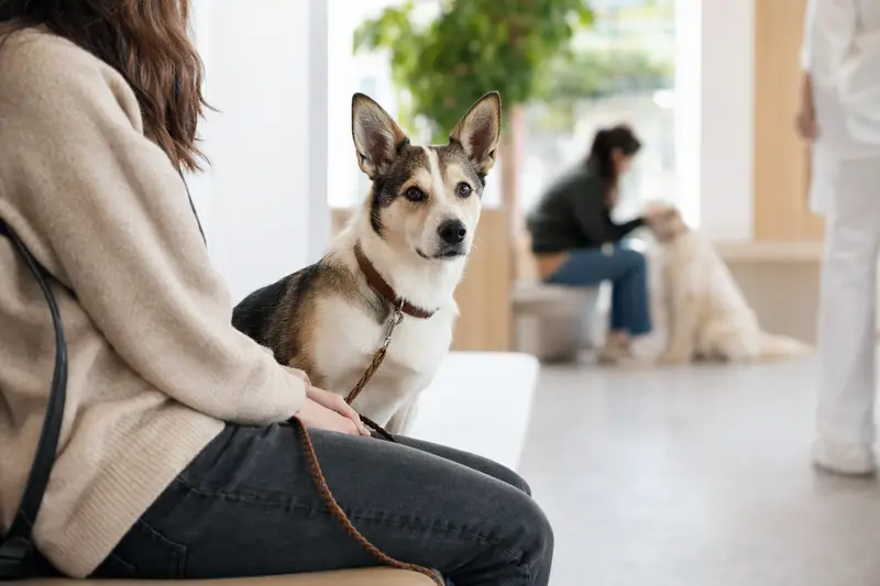 Ein Norsk Lundehund sitzt ruhig neben seinem Besitzer im Wartezimmer einer modernen Tierarztpraxis.